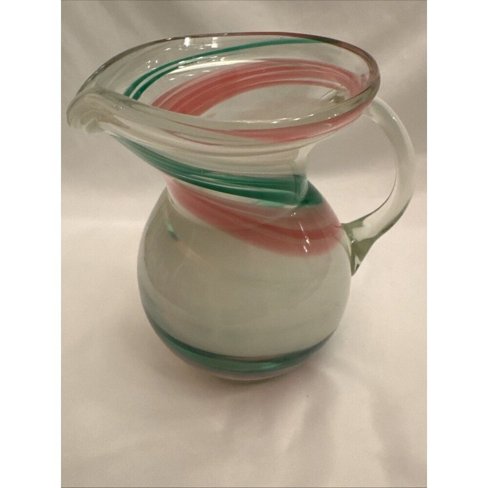Hand Blown Art Glass Pitcher Pink And White Swirl With Handle 7” Tall - Picture 2 of 5